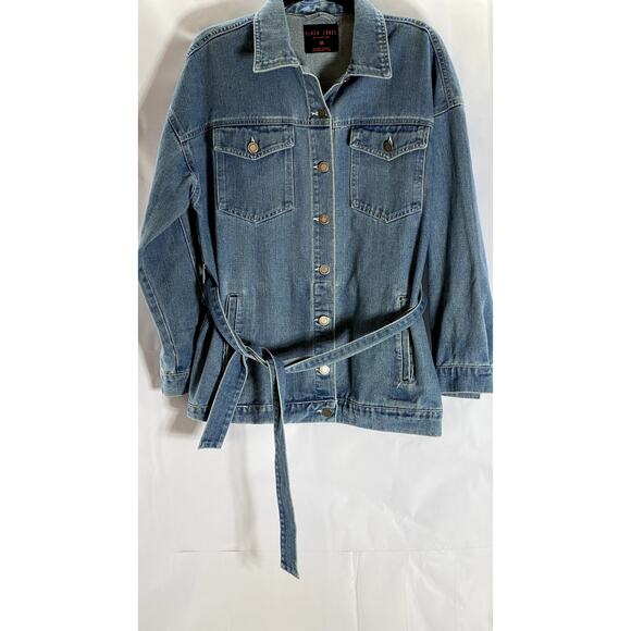 BLACK LABEL By C'EST TOI Women's Blue Denim Button-Up Belted Long Sleeve Top SZM - Picture 1 of 10